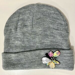 Gray Knit Beanie with Gemstone Accent